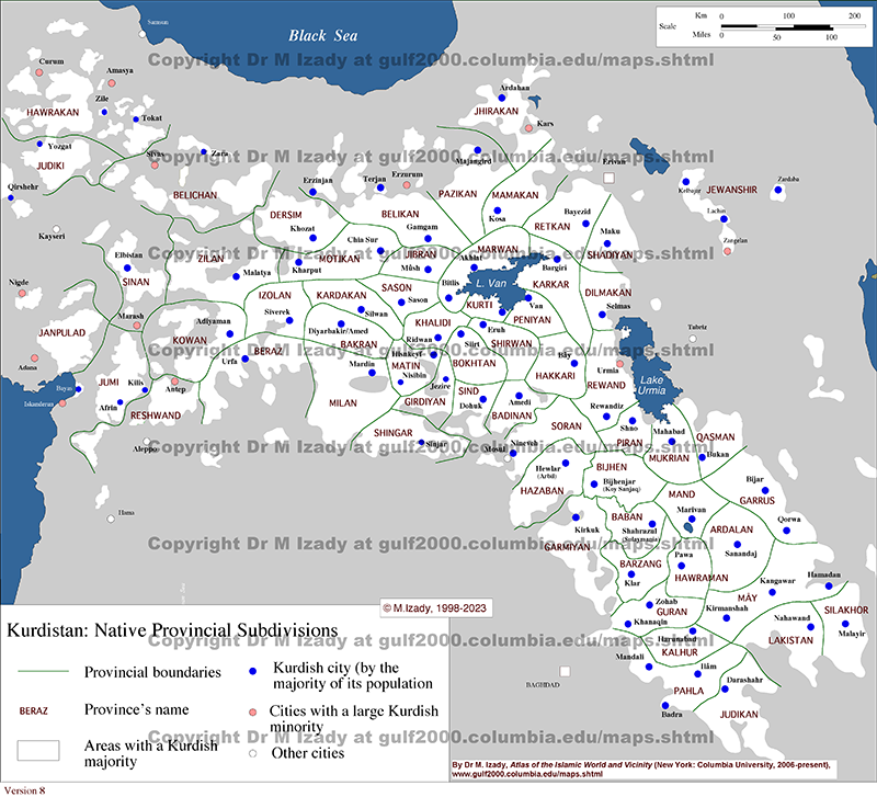 Kurdish native provinces and subdivisions