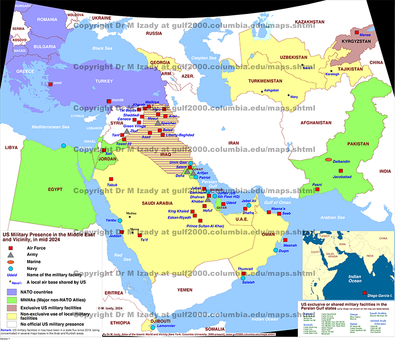 Mid-2024 ‘US Military Presence in the Middle East and Vicinity’ map. NATO and MNNA countries are colour-coded; icons mark Air Force, Army, Marine, and Navy sites. Labels include Izmir, Incirlik; in Iraq: Erbil, Al Asad, Balad, Baghdad; in Jordan: Salt, Tower 22; clusters in Kuwait and Bahrain; Doha/Al Udeid (Qatar); in the UAE: Al Dhafra, Jebel Ali, Fujairah/Khor Fakkan; in Oman: Seeb, Masirah, Thumrait, Salalah; in Saudi Arabia: Prince Sultan–Al Kharj, Eskan, King Khaled, Tabuk, Yanbu, Jeddah; Camp Lemonnier (Djibouti); inset Diego Garcia.